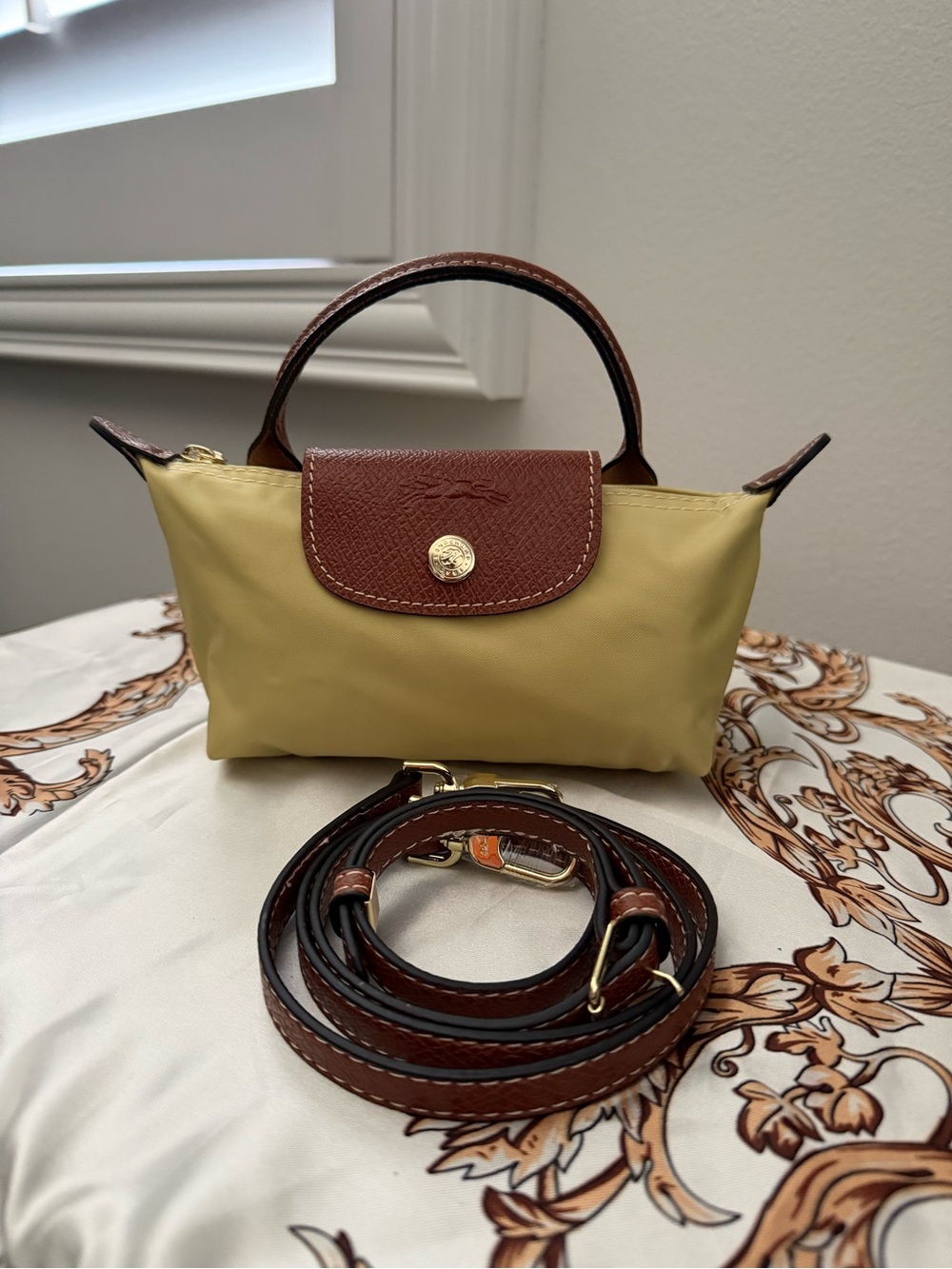 Longchamp Mini Top-Handle Crossbody Bag with Brown Trim
